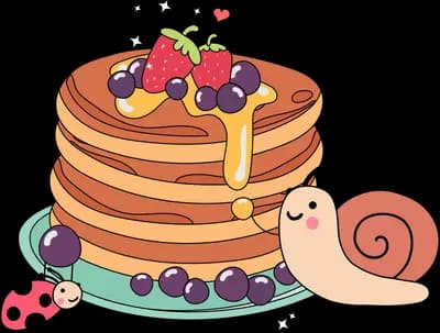 Tall stack of pancakes with berries and a snail