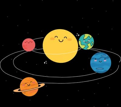 Smiling sun surrounded by small planets