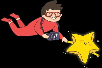 Boy in a cape flying while holding a yellow star