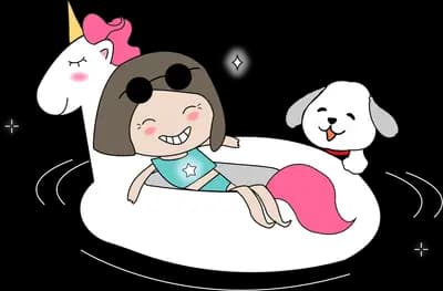 Girl floating in a unicorn swim ring with a dog
