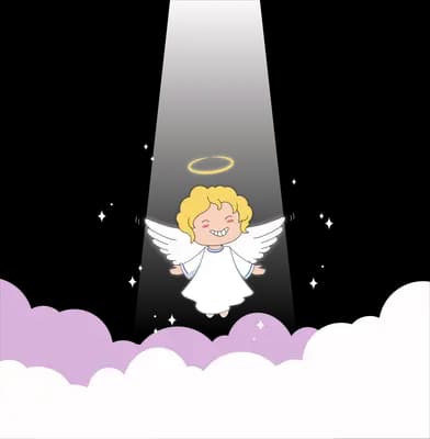 Small angel with a halo above purple clouds