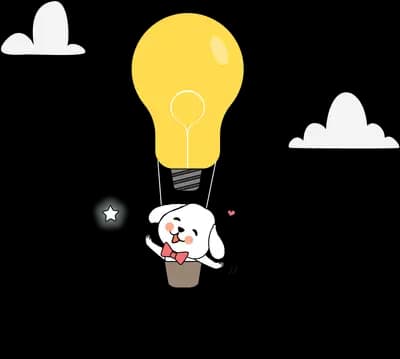 Dog hanging beneath a glowing light bulb balloon