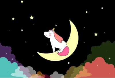 Unicorn on a crescent moon among pastel clouds