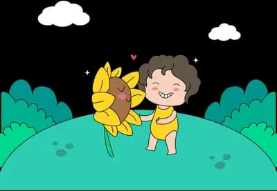 Girl beside a tall sunflower on green hills