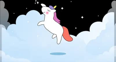 Unicorn leaping across pale blue clouds