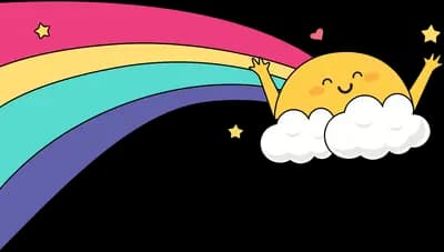 Smiling sun on a cloud at the end of a rainbow