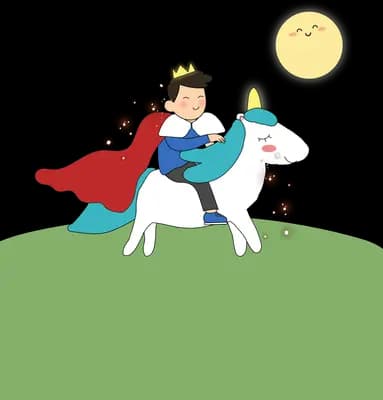 Caped boy on a unicorn facing dark orbs