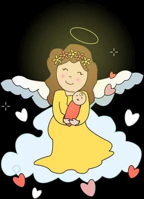Winged girl in yellow on a cloud with hearts