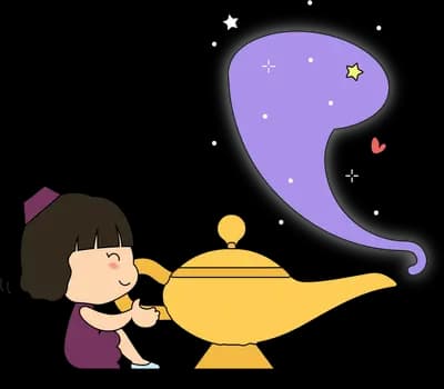 Girl rubbing a lamp releasing a purple genie