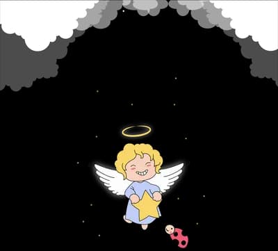 Small angel with a halo beside a ladybug