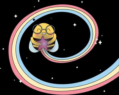 Dark orb wrapped in a swirling pastel ribbon