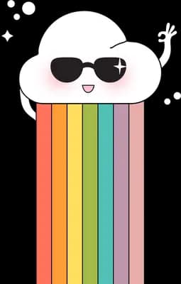 Cloud in sunglasses raining a vertical rainbow