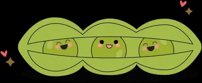 Three smiling peas inside an open pod