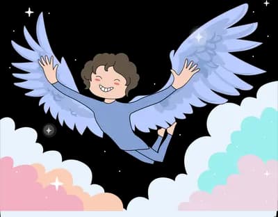 Boy with large blue wings flying over pastel clouds
