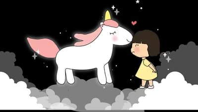Girl greeting a unicorn on a cloud