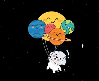 Dog in a space helmet beneath smiling planets