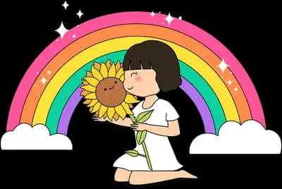 Girl hugging a large sunflower under a rainbow