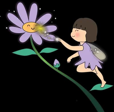 Small fairy beside a large purple bloom