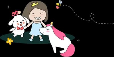 Girl riding a unicorn along a pale surface