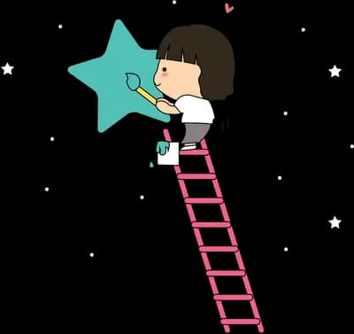 Girl climbing a ladder toward a teal star