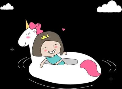Girl floating in a unicorn swim ring with clouds