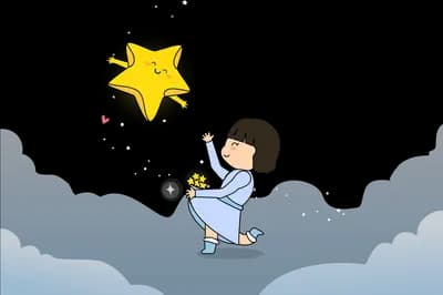 Boy on a cloud reaching for a star in a dark orb