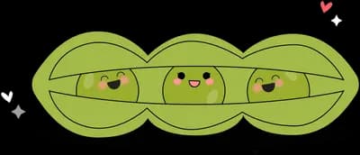 Three smiling peas inside an open pod