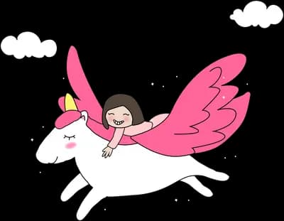 Winged girl riding a unicorn through clouds