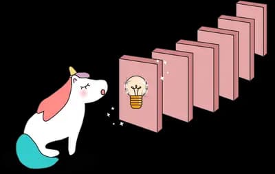 Unicorn beside a line of falling dominoes