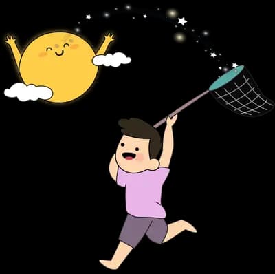 Boy chasing a smiling moon with a net