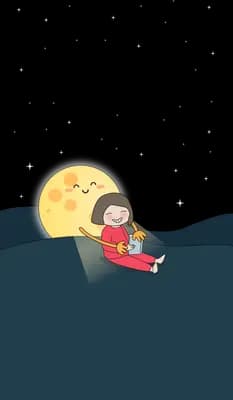 Girl reading beside a moon on a dark ledge