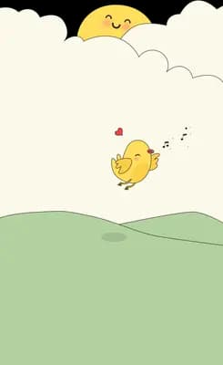 Chick flying below a smiling sun over a green field