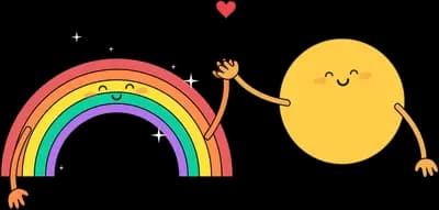 Smiling sun reaching toward a rainbow arc