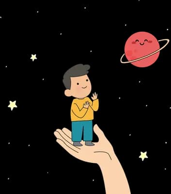 Tiny boy standing on a giant hand reaching a planet