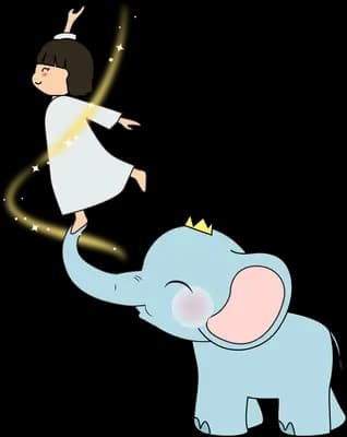 Crowned elephant lifting a girl in a white dress on a swirl of golden magic
