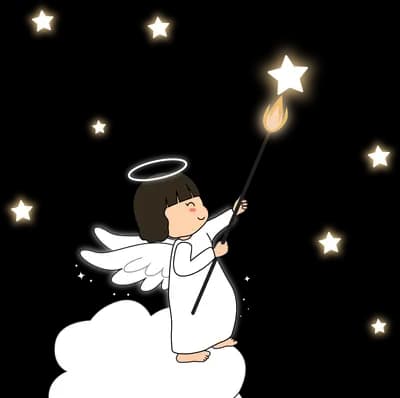 Winged angel girl sitting on a cloud lighting stars with a glowing wand