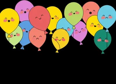 Cluster of colourful balloons with smiling faces floating on long strings