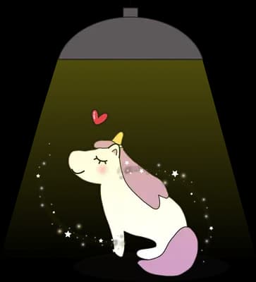 Unicorn resting under a hanging lamp draped with a beaded garland