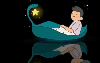 Boy sitting in a teal leaf boat reaching for a glowing orb with a star