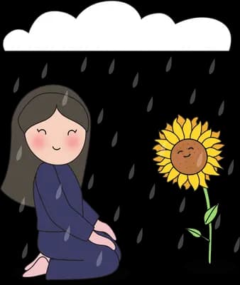 Woman kneeling beside a tall sunflower under a single cloud