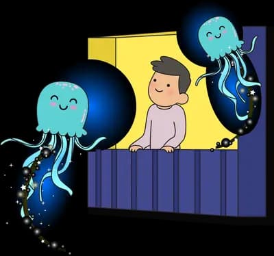 Boy leaning out of a window while two glowing blue jellyfish float past