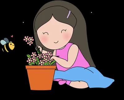 Girl sitting on the floor tending a potted flowering plant as a bee hovers