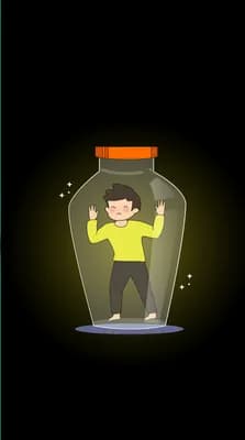 Boy standing inside a glowing glass jar with arms raised