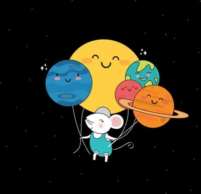 Tiny mouse holding a small cluster of planet balloons on a large empty field