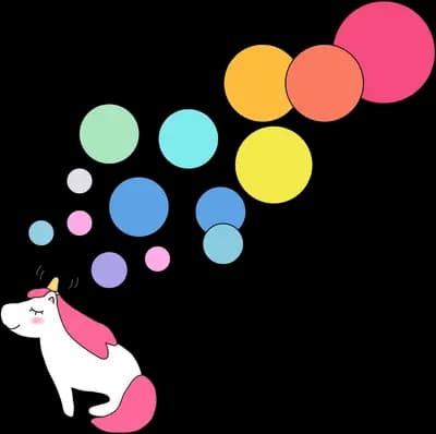Unicorn blowing a stream of colourful bubbles