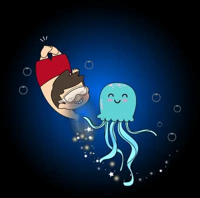 Girl diving in dark water beside a glowing turquoise jellyfish inside a circular scene