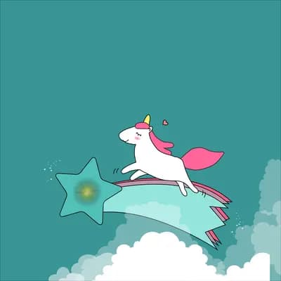 White unicorn with a pink mane leaping over a shooting star above clouds