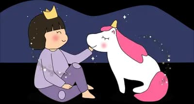 Girl in a crown sitting with a pink-maned unicorn under a dark garland