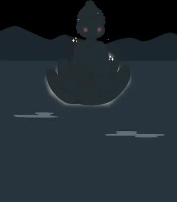 Dark silhouette of a seated figure on a lotus barely visible above black water