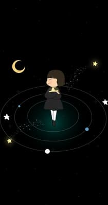 Girl standing on a small grey planet under a crescent moon with dark trails